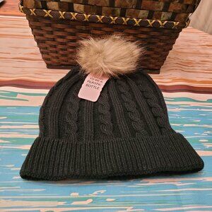 Serra Women's Beanie Skull Cap Knit Black Furry Pom Pom Sustainable One Size New